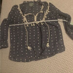 Maeve Blue and White Ruffled Tie Front Blouse